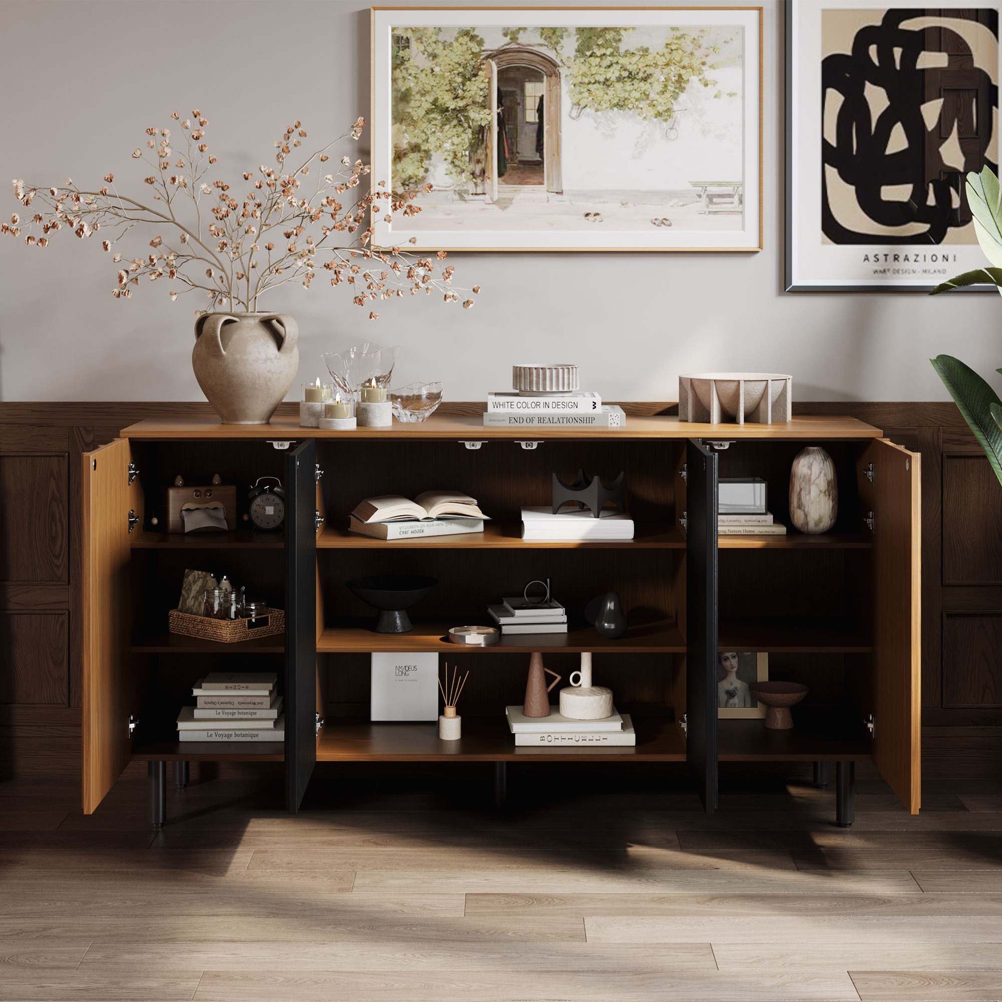Wood Walnut & Black Plywood Cabinets & Chests
