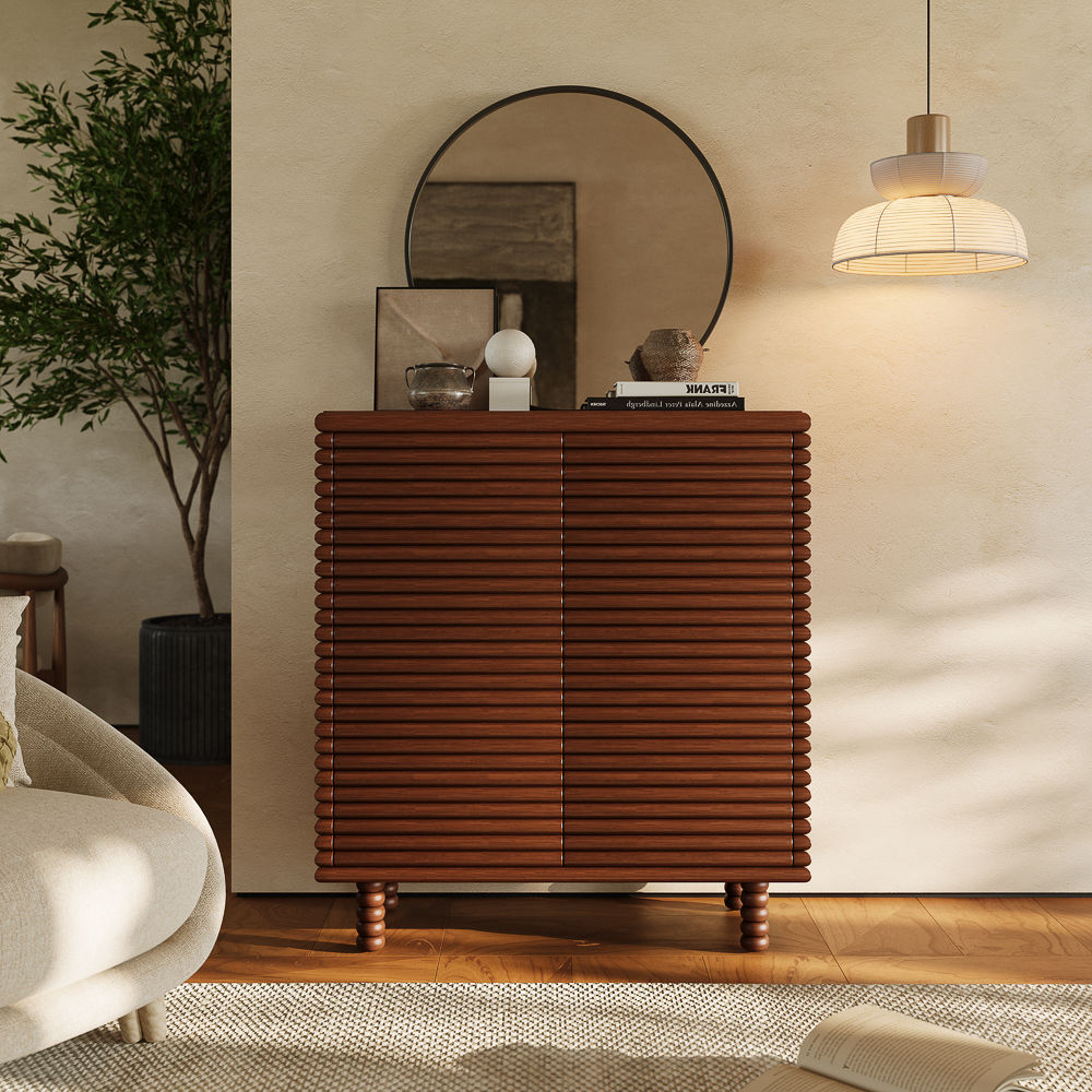 Slatted Design Walnut Color MDF Cabinets & Chests