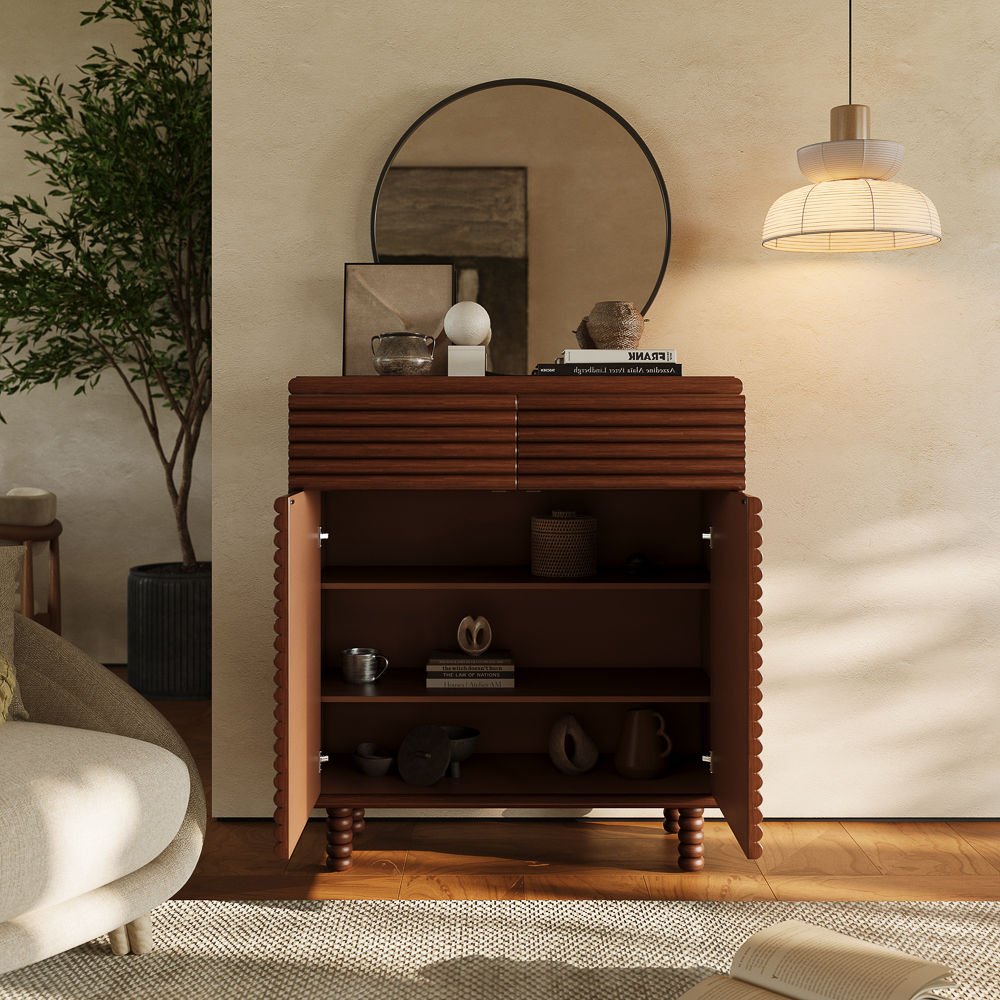 Slatted Design Walnut Color MDF Cabinets & Chests