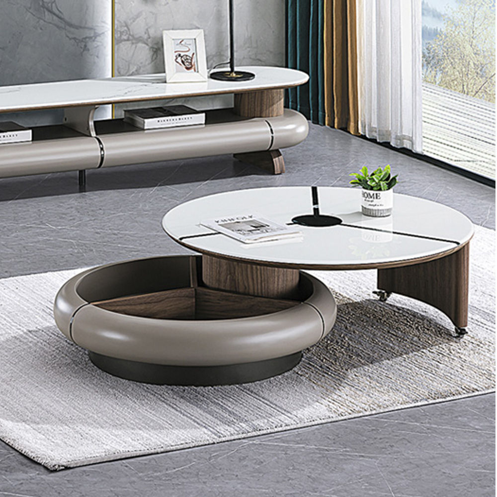 Round Modern Rotating Coffee Table,with Microcrystalline Stone Tabletop & Storage