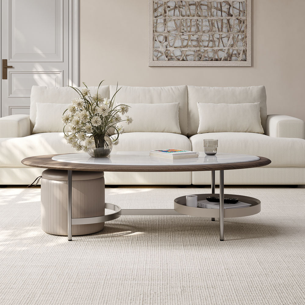 Oval Luxury Microcrystalline Stone Coffee Table, With Metal Frame