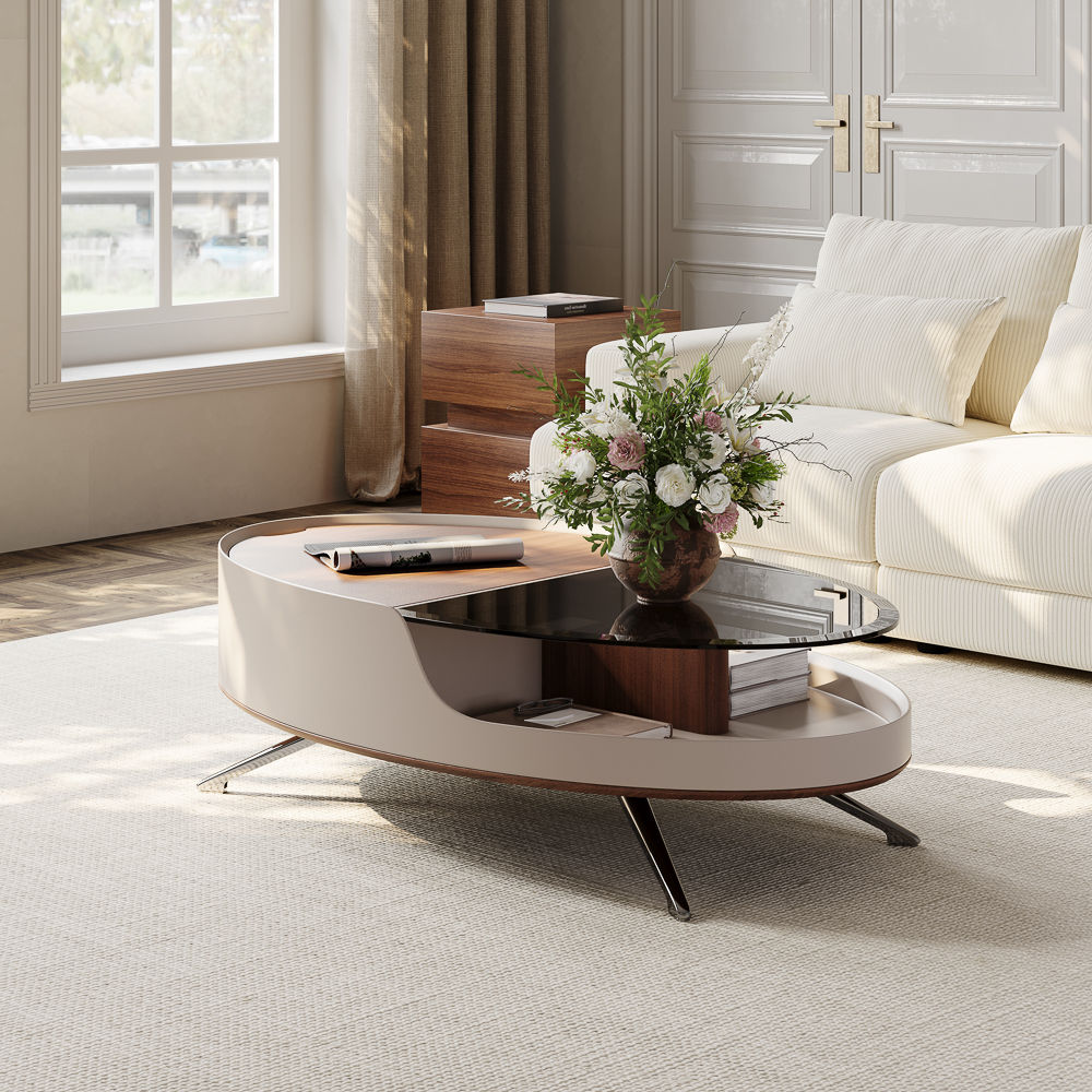 Oval Walnut & Gray Engineered Wood Coffee Tables
