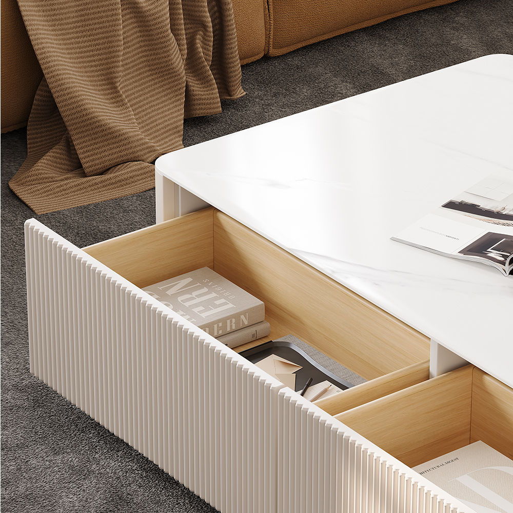 with Drawers Beige Sintered Stone Coffee Tables