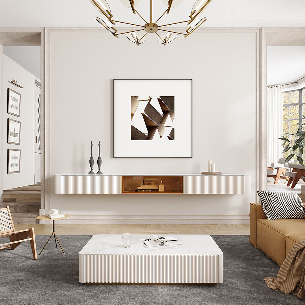 with Drawers Beige Sintered Stone Coffee Tables