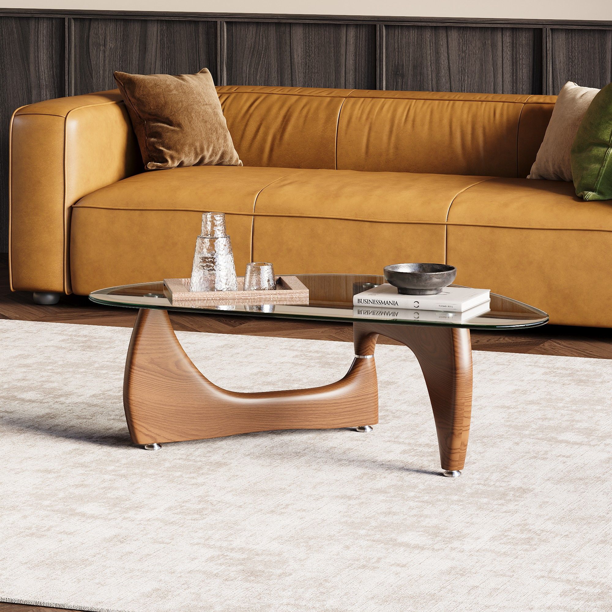 Partly Assemble Walnut Color Ashwood & Tempered Glass Coffee Tables