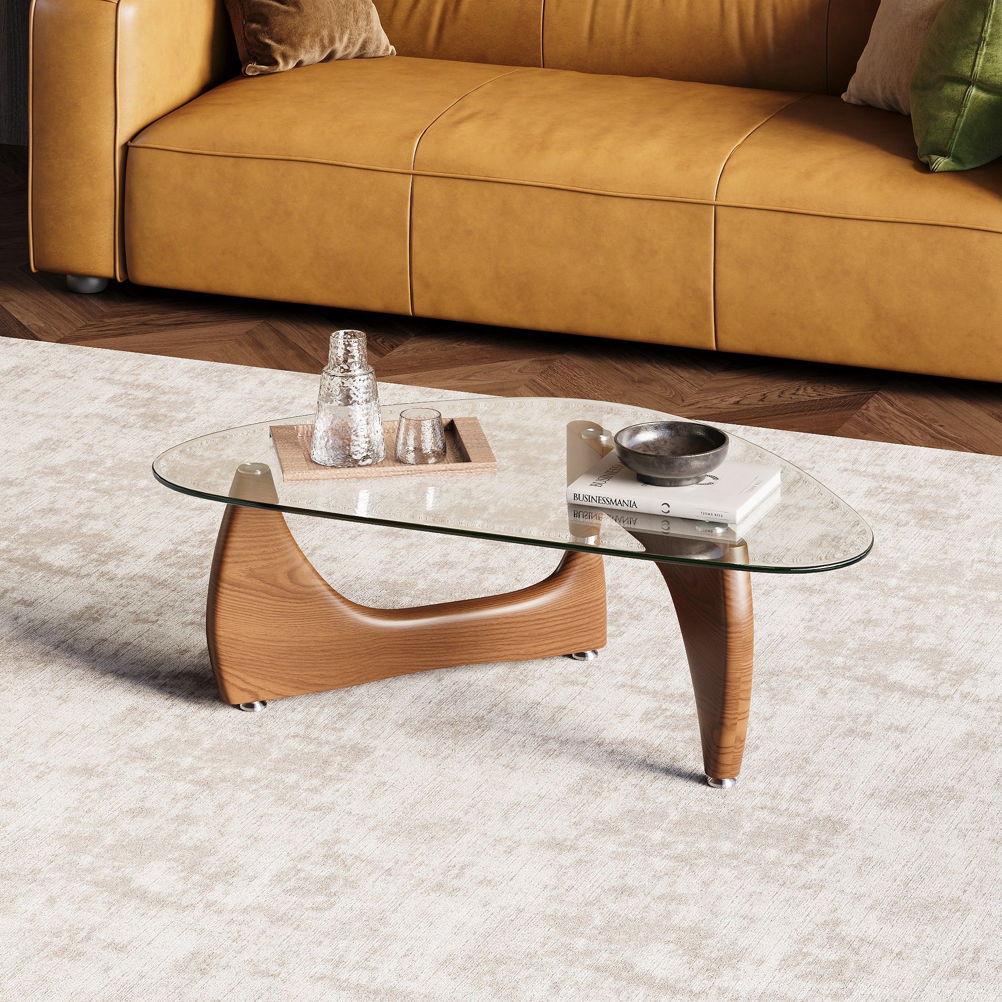Modern Walnut Color Ashwood & Tempered Glass Coffee Tables