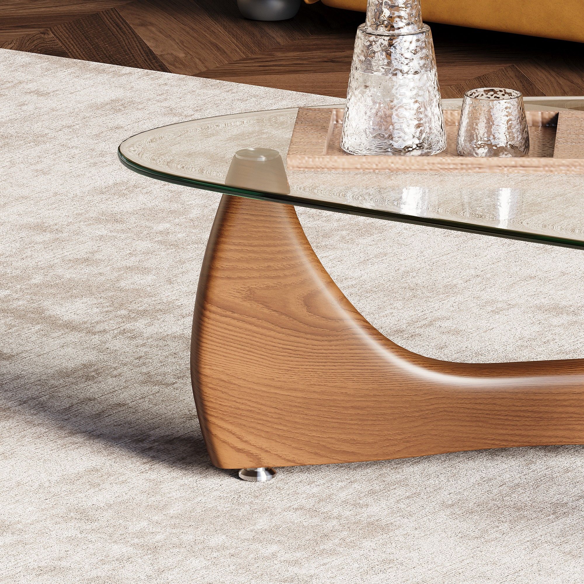 Partly Assemble Walnut Color Ashwood & Tempered Glass Coffee Tables