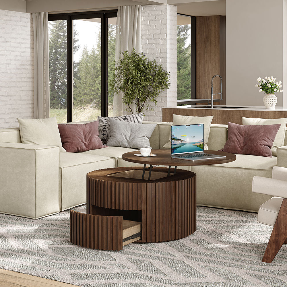 Round Walnut Color Plywood Coffee Tables