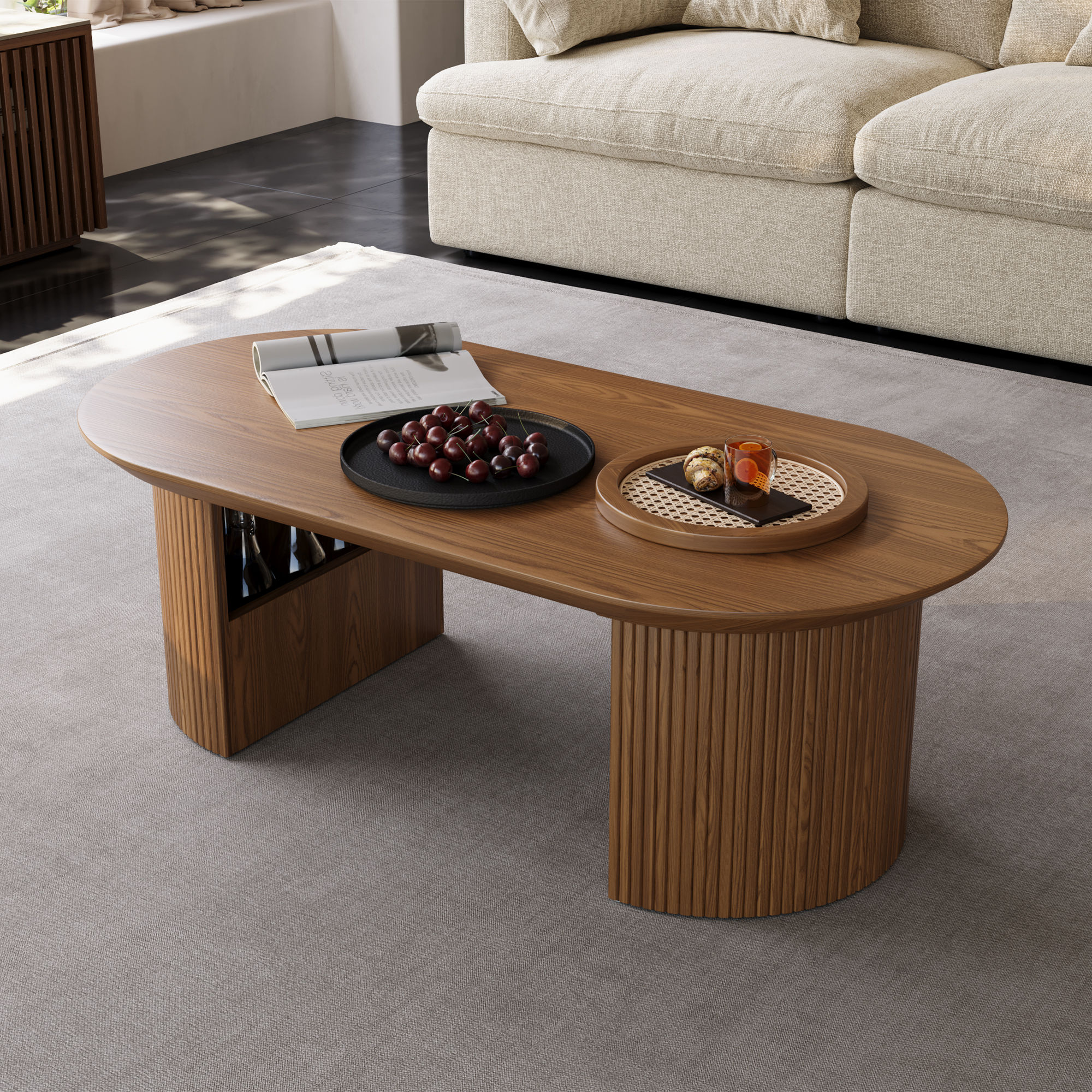 Oval Walnut Color MDF Coffee Tables