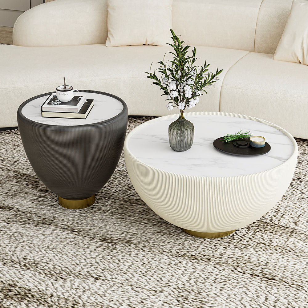 Round Beige Sintered Stone Coffee Tables