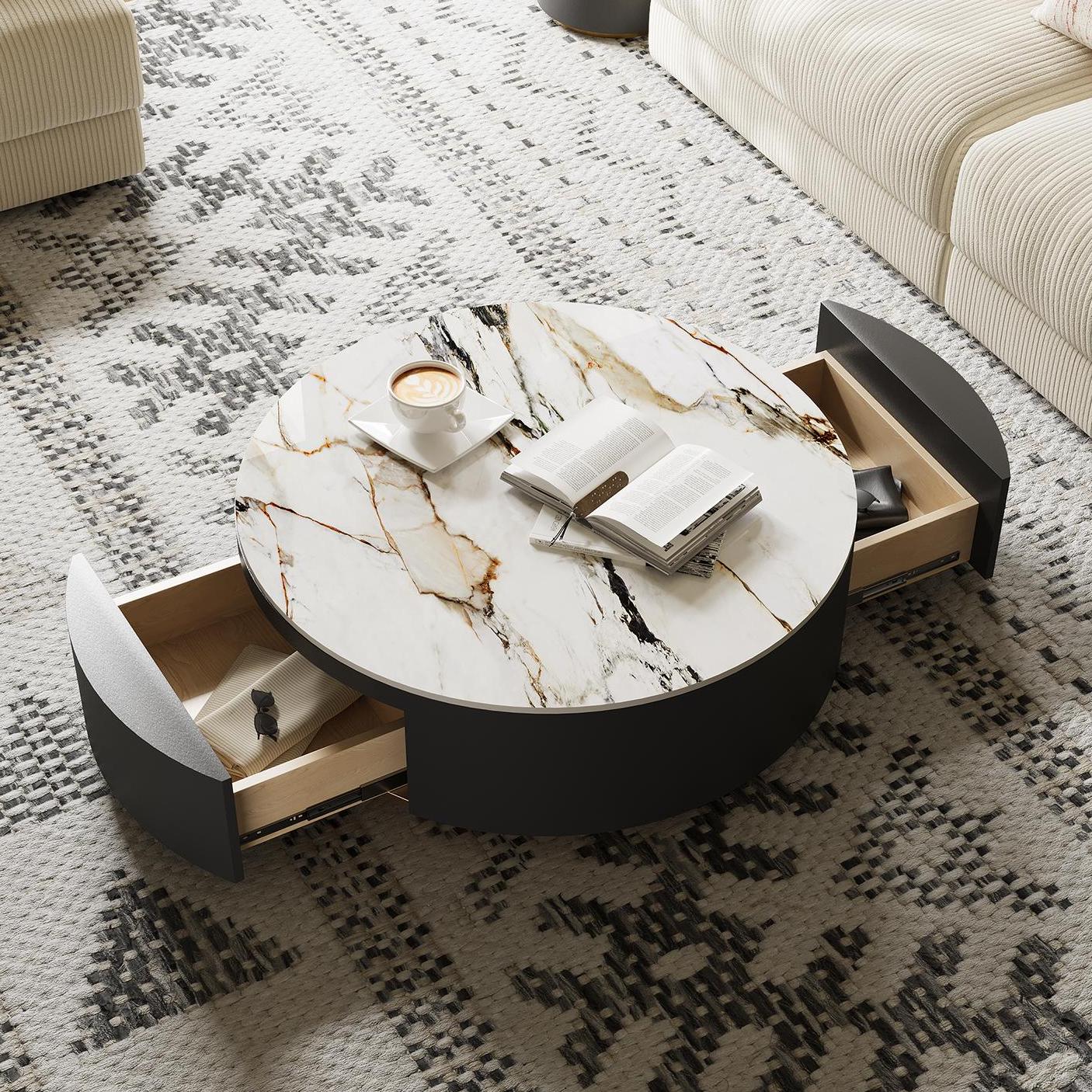 with Drawers White & Black Sintered Stone Coffee Tables
