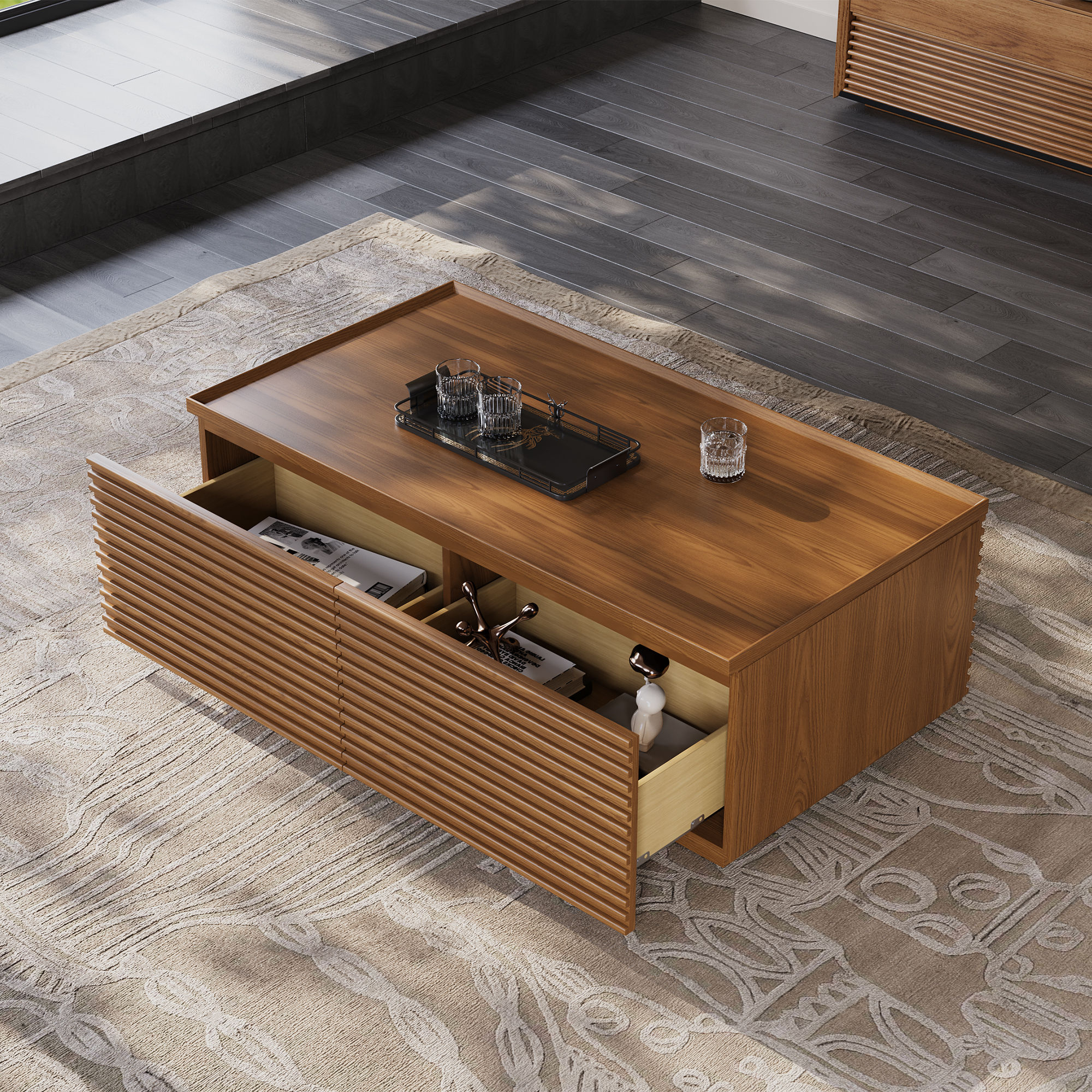 Mid Century Modern Walnut Color Ash Wood Coffee Tables