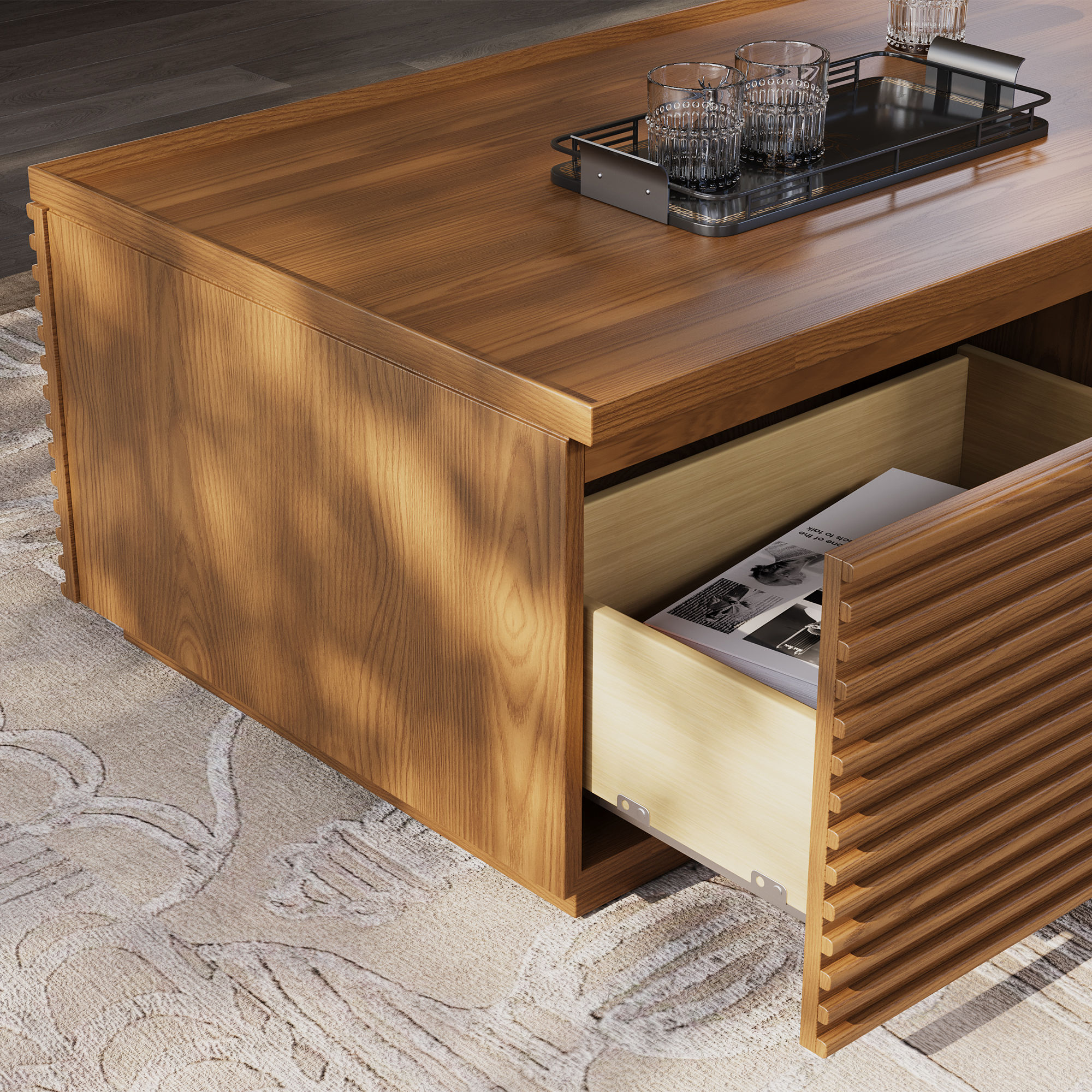 Fully Assemble Walnut Color Ash Wood Coffee Tables