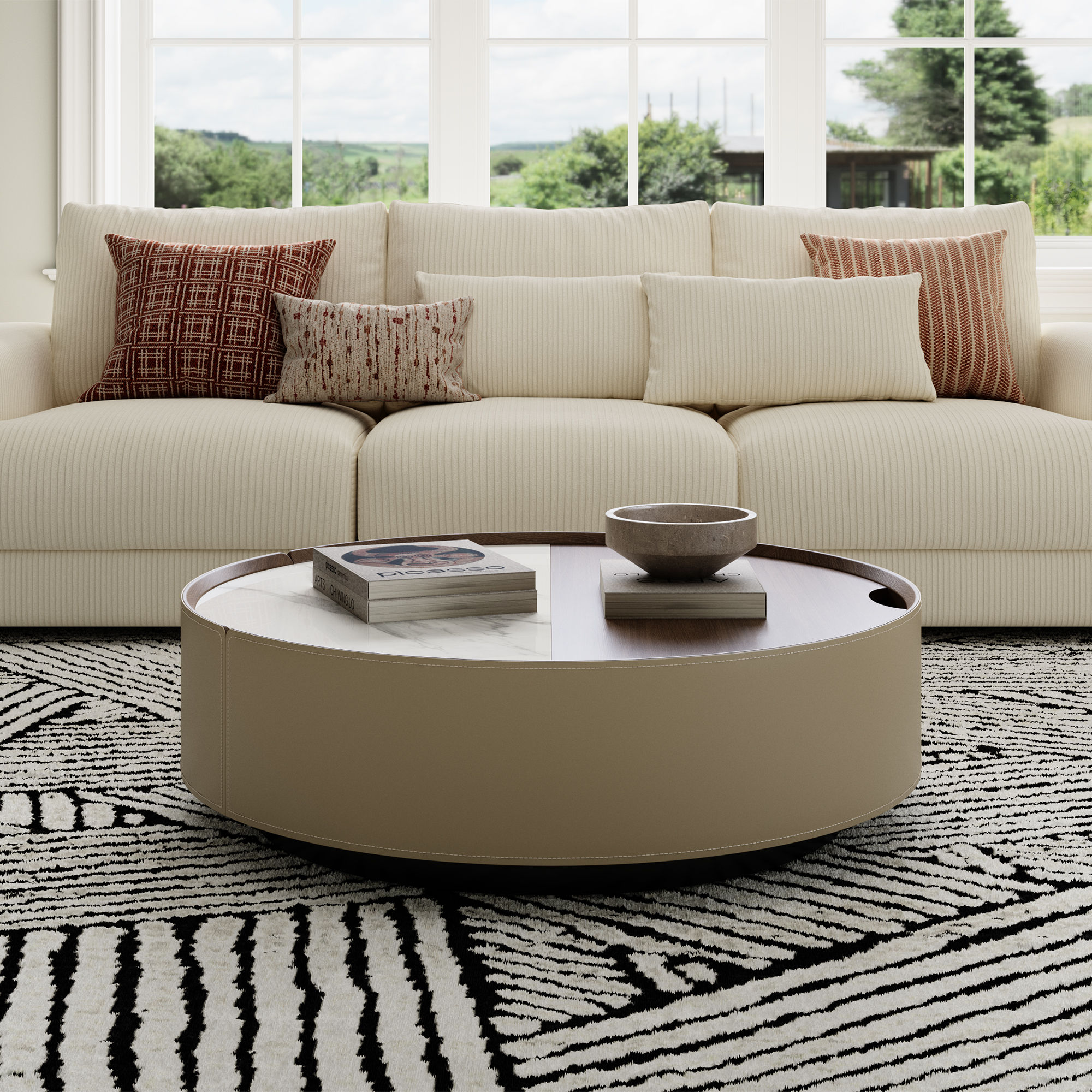Round Walnut & White MDF Coffee Tables