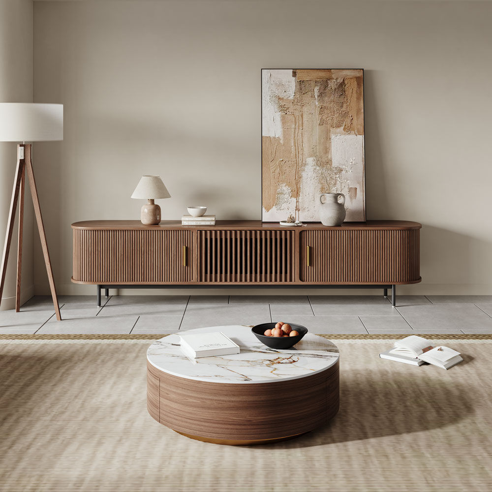 Brown Walnut & White Sintered Stone Coffee Tables
