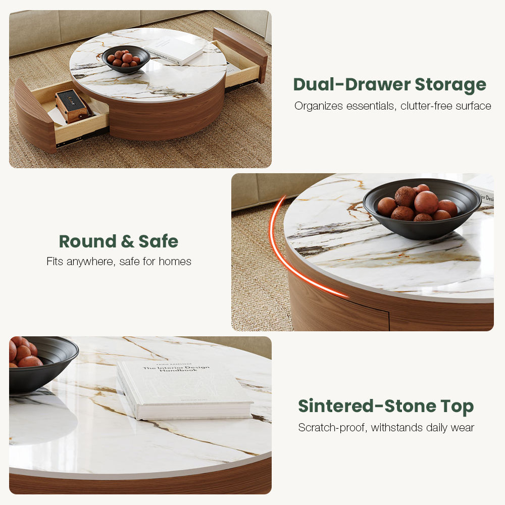 Modern Walnut & White Sintered Stone Coffee Tables