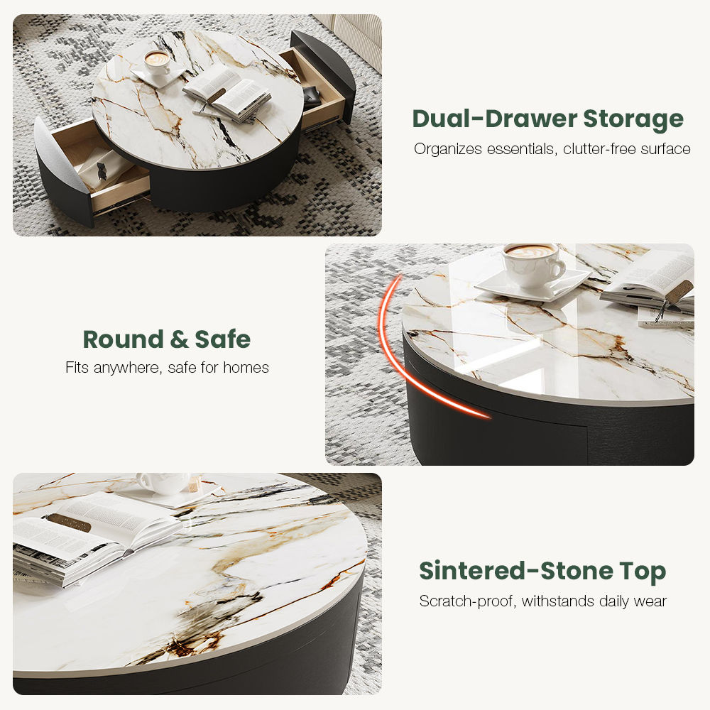 Wood White & Black Sintered Stone Coffee Tables