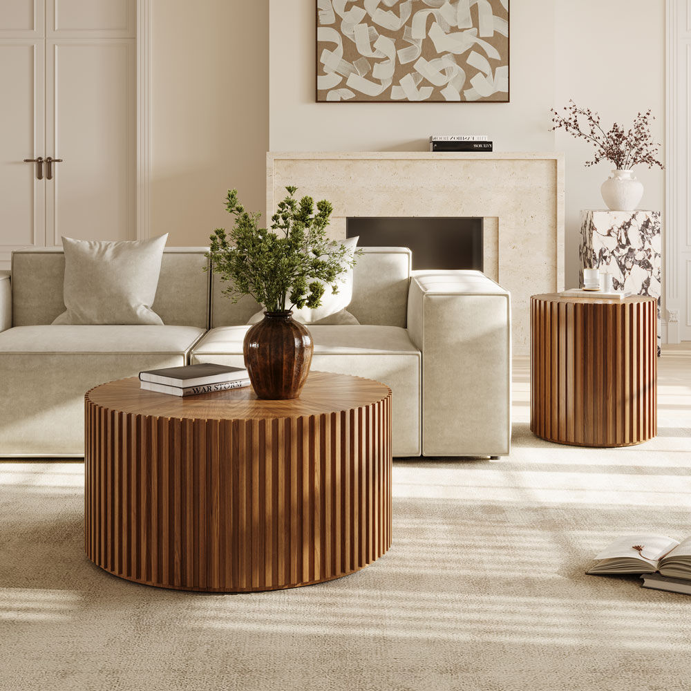 Round Walnut Color MDF Coffee Tables