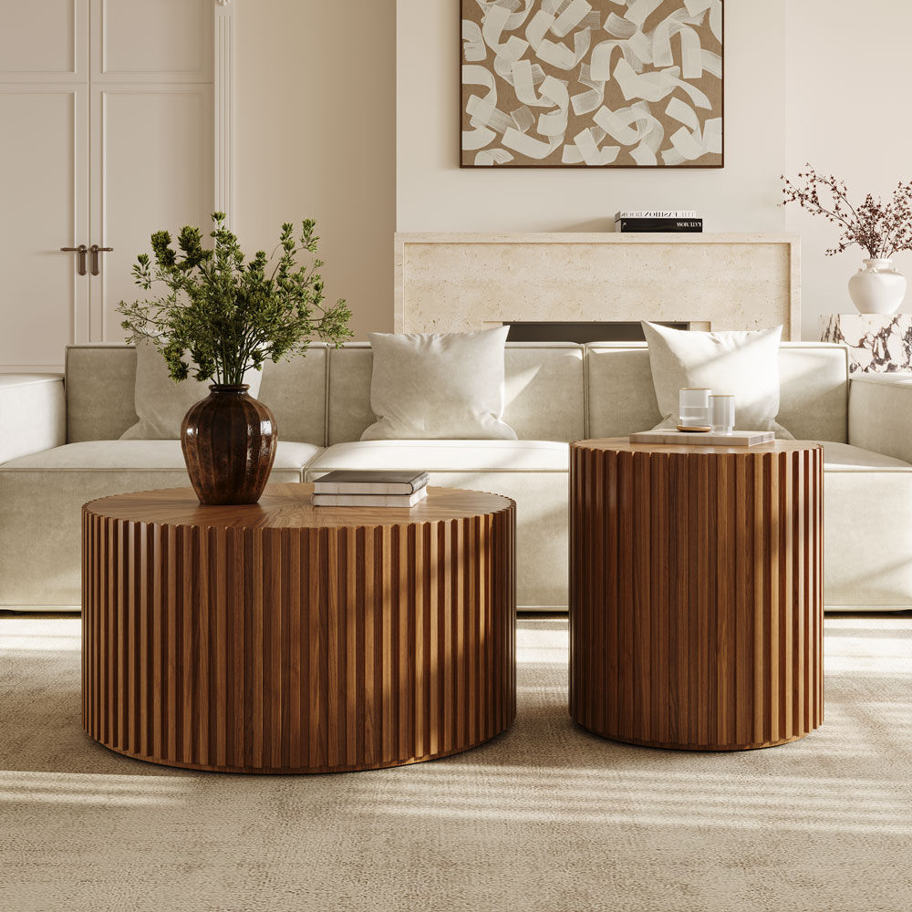 Round Walnut Color MDF Coffee Tables
