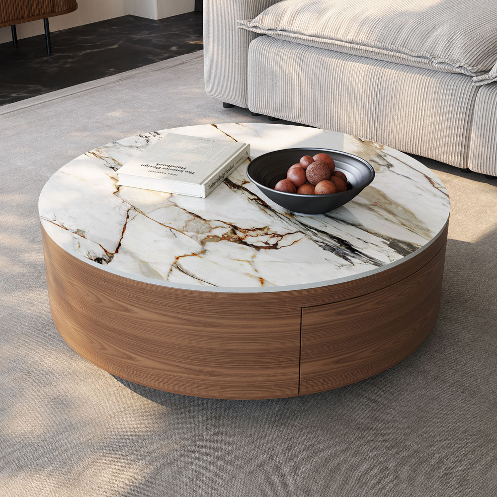 Modern Walnut & White Sintered Stone Coffee Tables