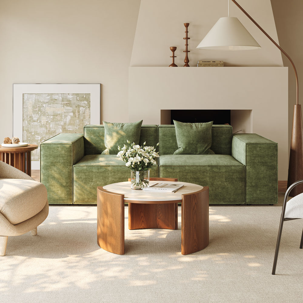 Partly Assemble Travertine & Walnut Matte Sintered Stone Coffee Tables