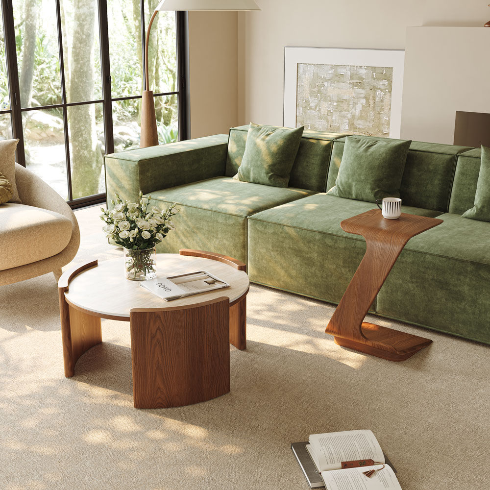 Round Travertine & Walnut Matte Sintered Stone Coffee Tables