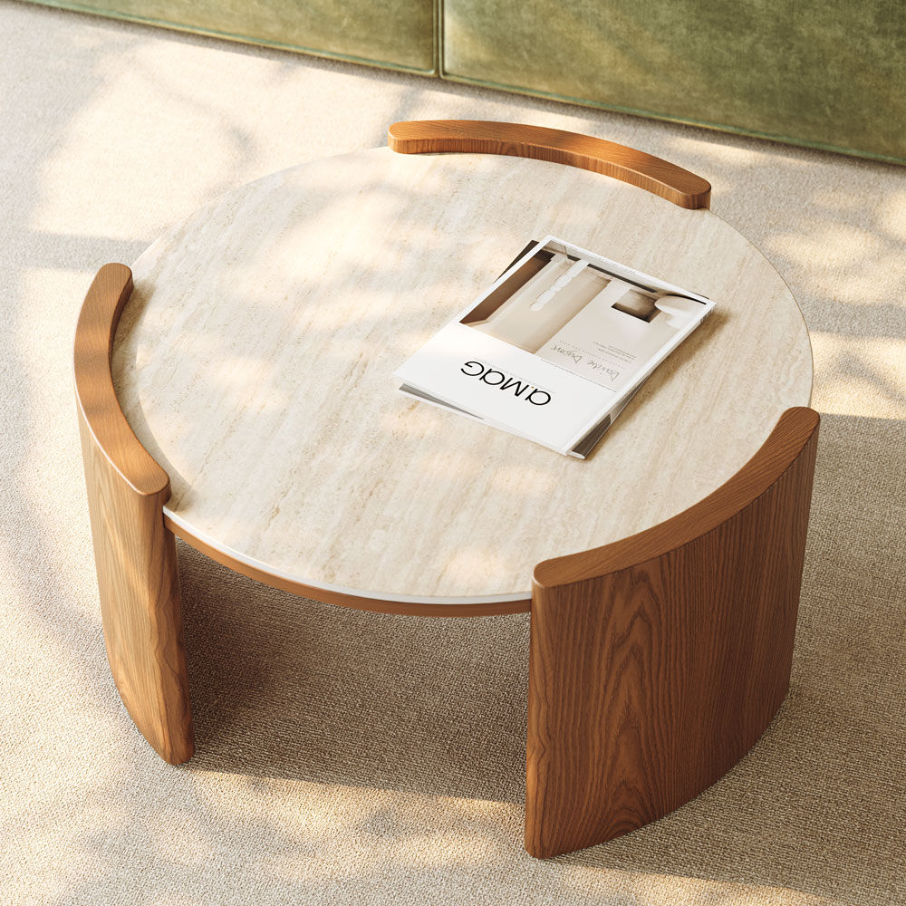 Travertine Travertine & Walnut Matte Sintered Stone Coffee Tables