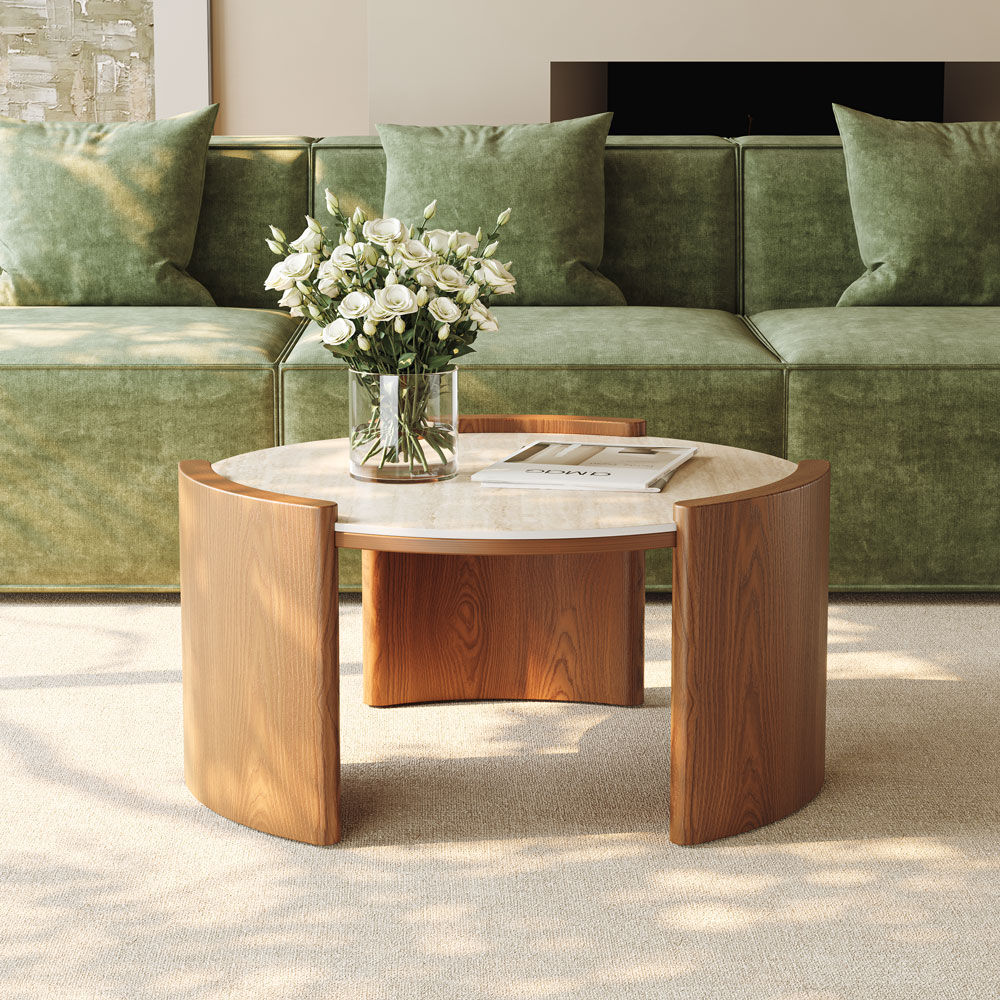 Round Travertine & Walnut Matte Sintered Stone Coffee Tables