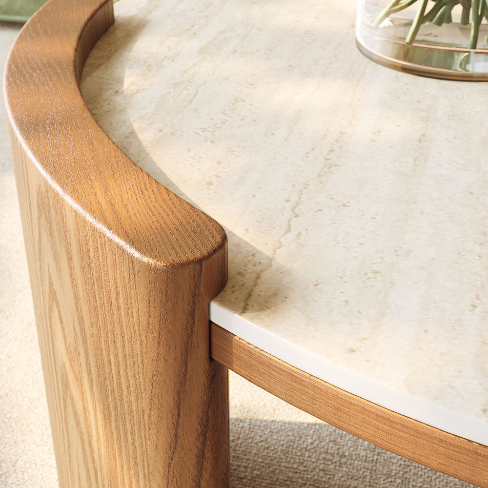 Round Travertine & Walnut Matte Sintered Stone Coffee Tables
