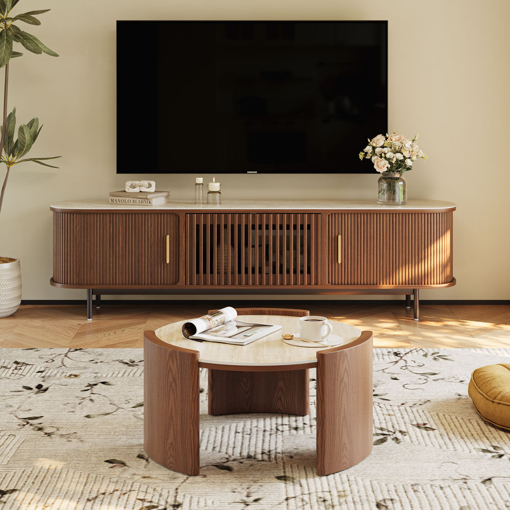 Wood Travertine & Walnut Matte Sintered Stone Coffee Tables