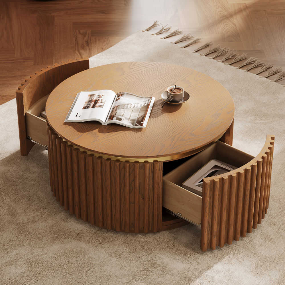 with Drawers Walnut Color MDF Coffee Tables
