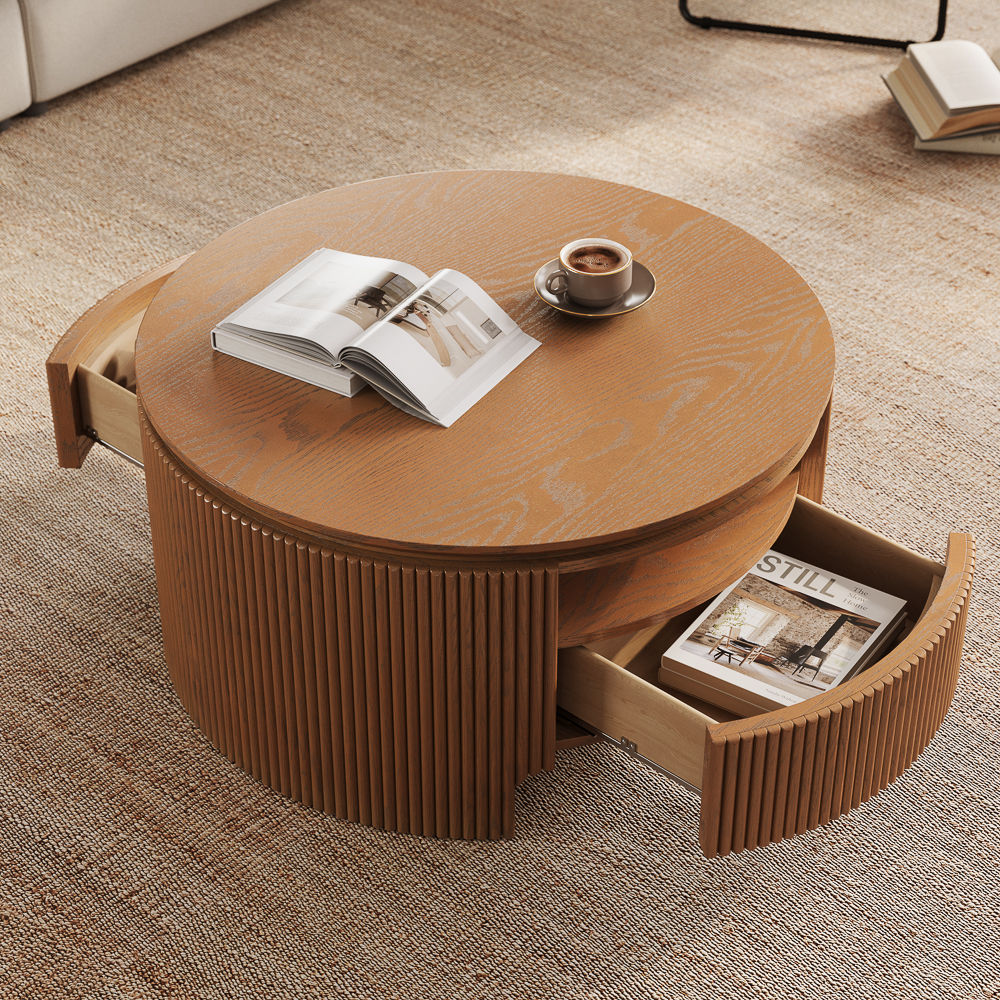 Round Walnut Color MDF Coffee Tables