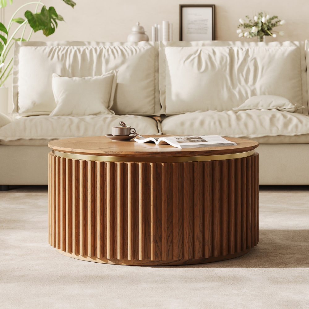 Round Walnut Color MDF Coffee Tables