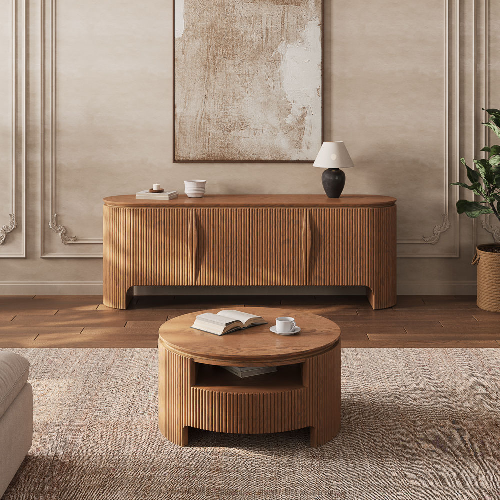 with Cabinets Walnut Color MDF Coffee Tables