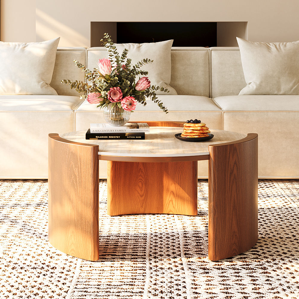 Round Walnut Color Matte Sintered Stone Coffee Tables