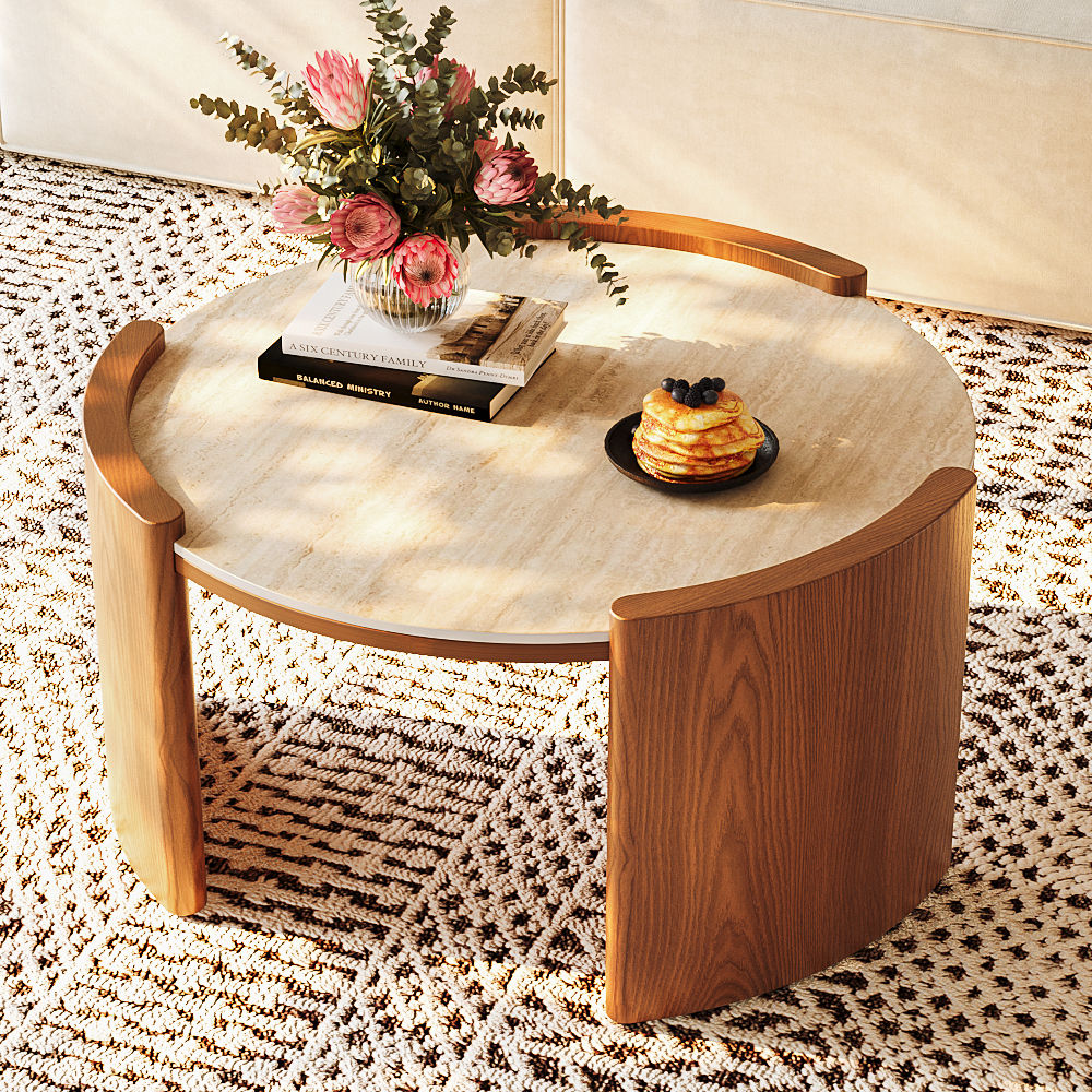 Round Walnut Color Matte Sintered Stone Coffee Tables