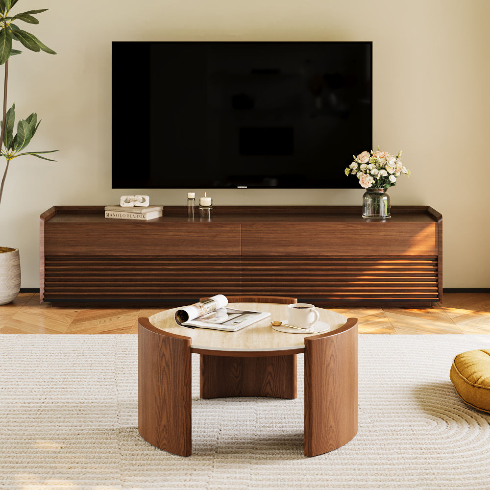 Round Walnut Color Matte Sintered Stone Coffee Tables