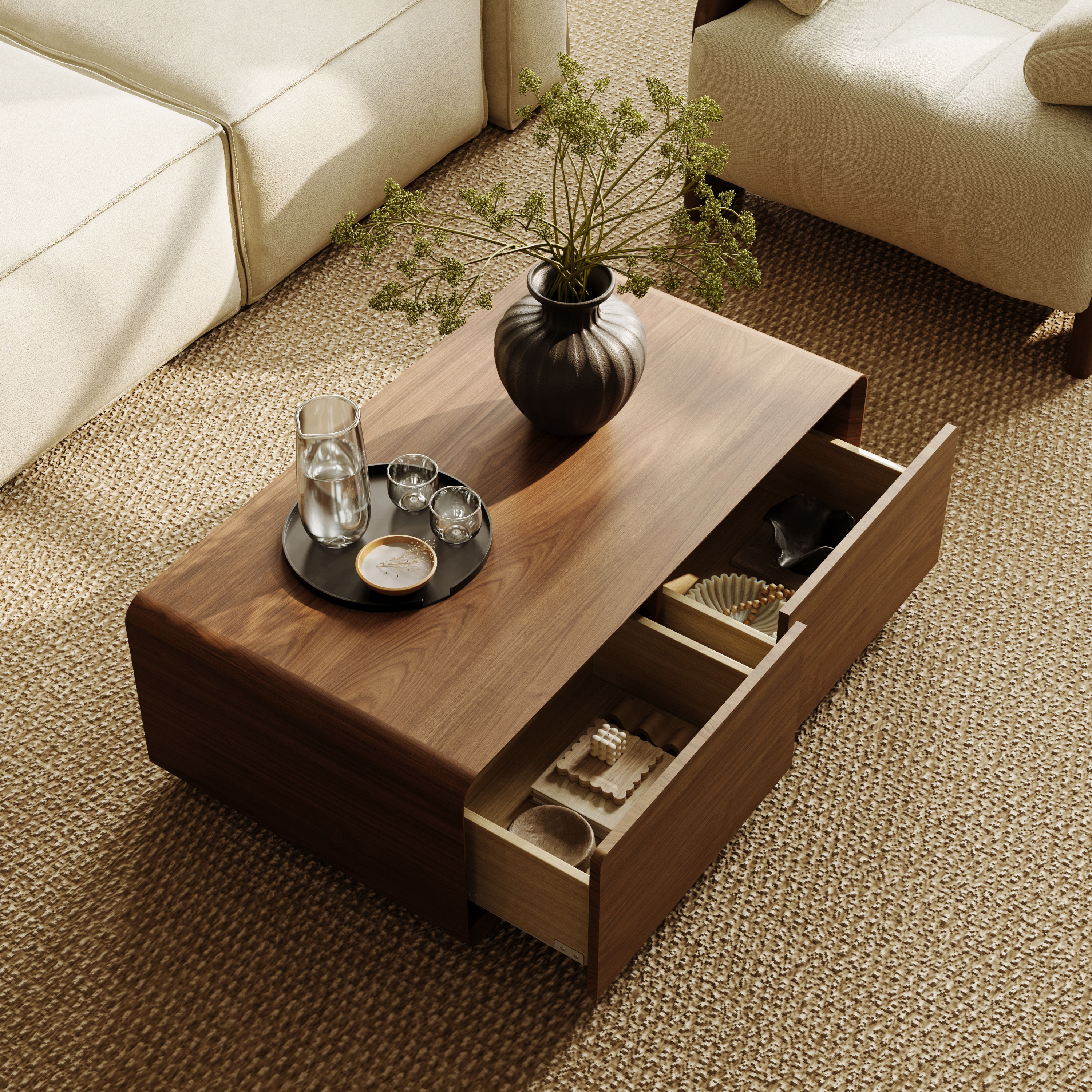 with Storage Walnut Color MDF Coffee Tables