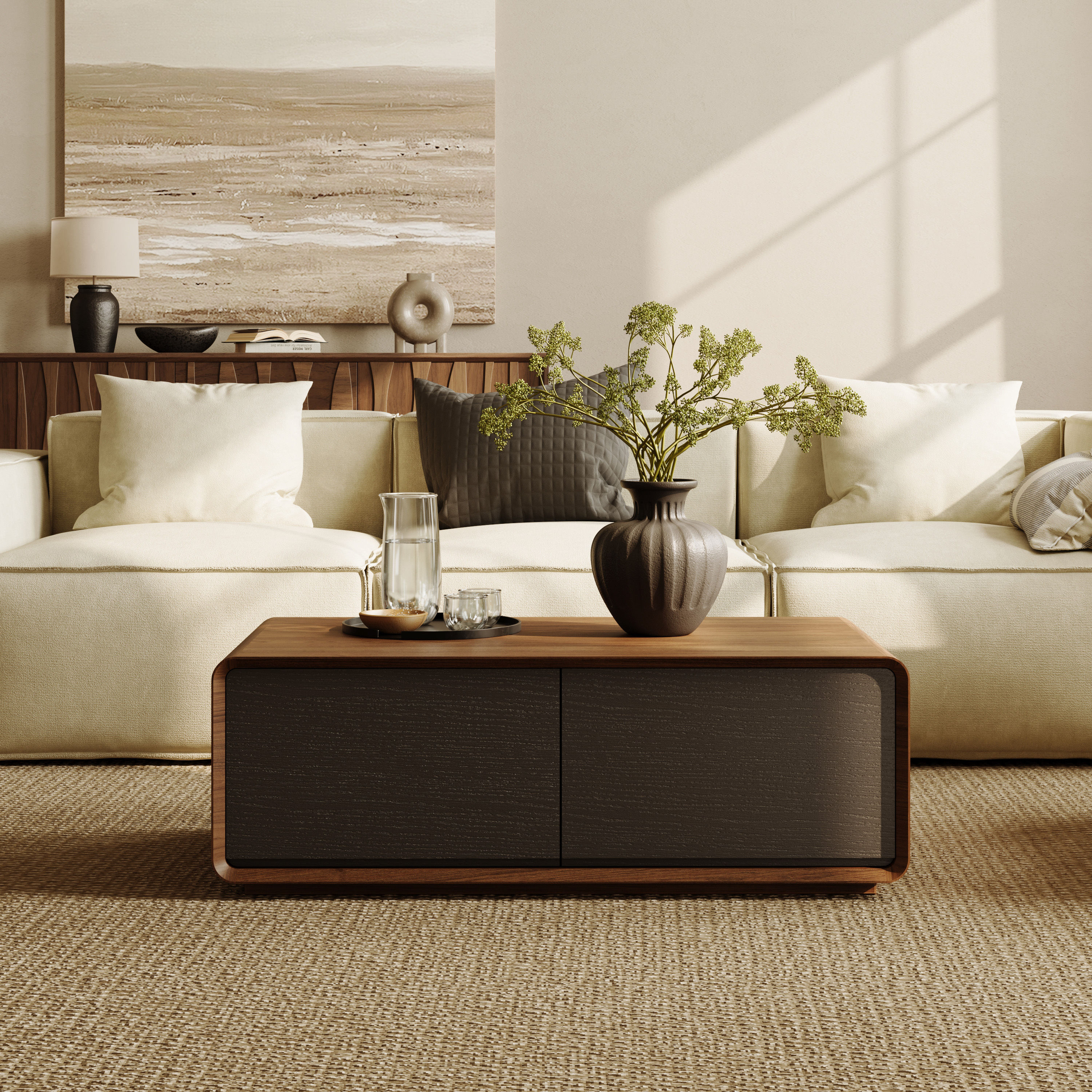 Mid Century Modern Dark Wood & Black MDF Coffee Tables