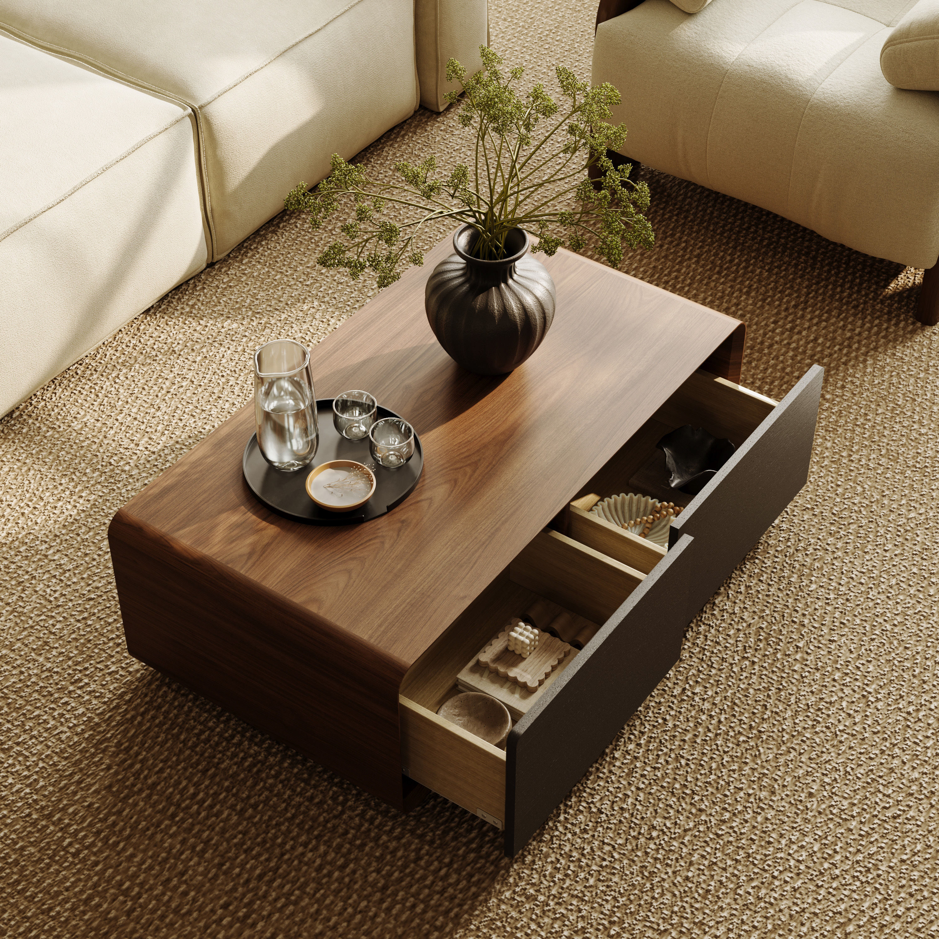 Mid Century Modern Dark Wood & Black MDF Coffee Tables