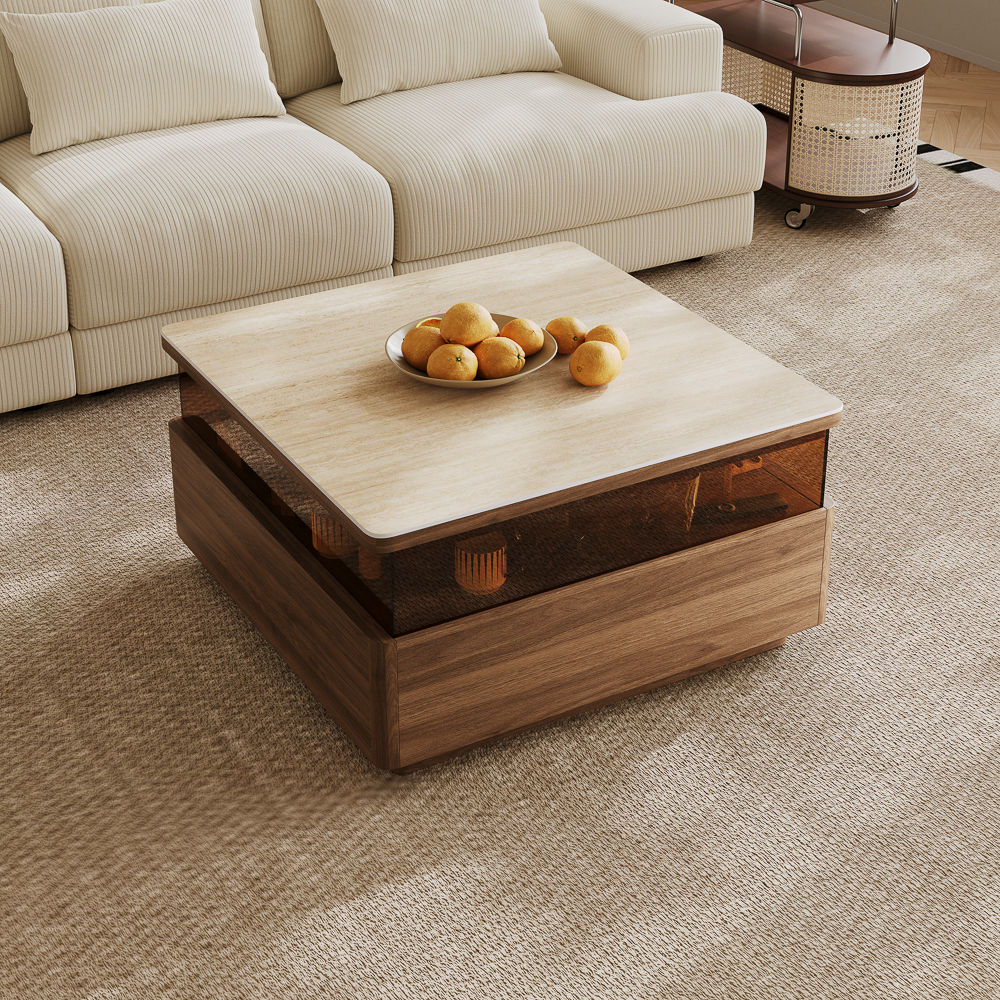Fully Assemble Walnut Color Sintered Stone Coffee Tables