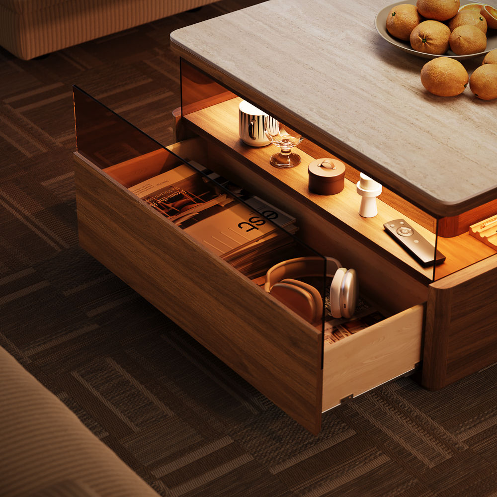 Square Walnut Color Sintered Stone Coffee Tables