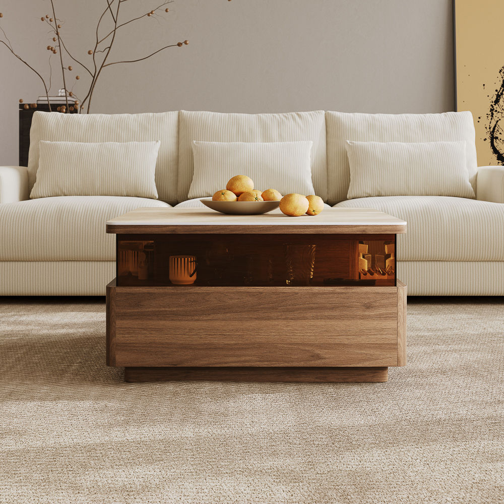 with LED Light Walnut Color Sintered Stone Coffee Tables
