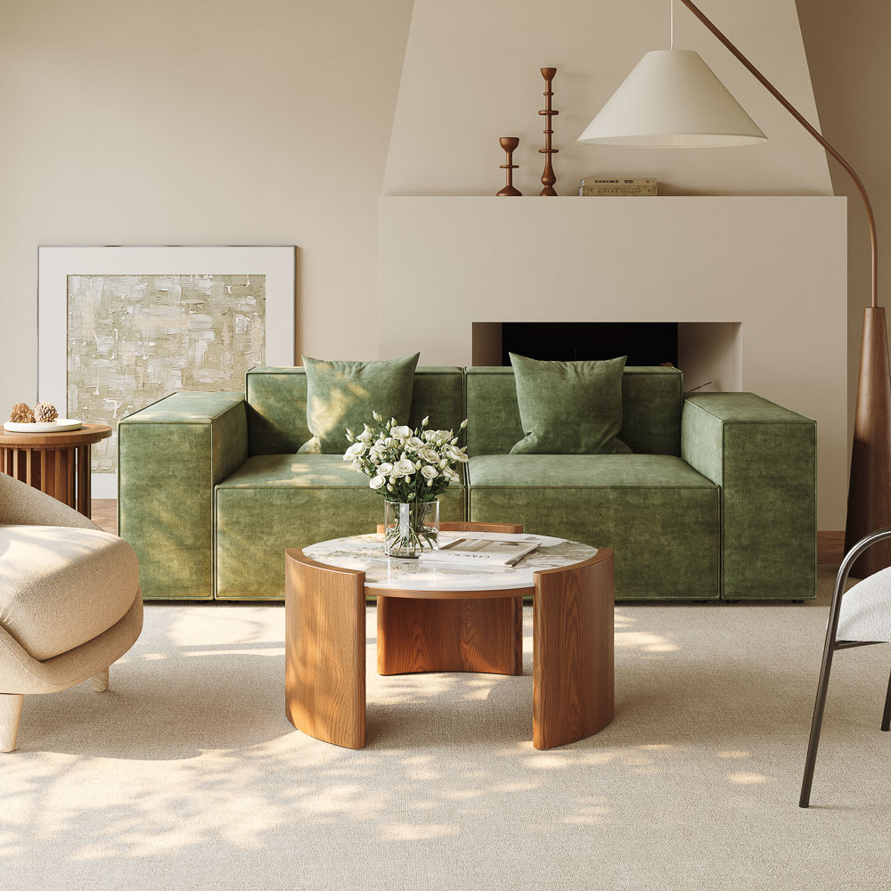 Mid Century Modern Walnut Glossy Sintered Stone Coffee Tables