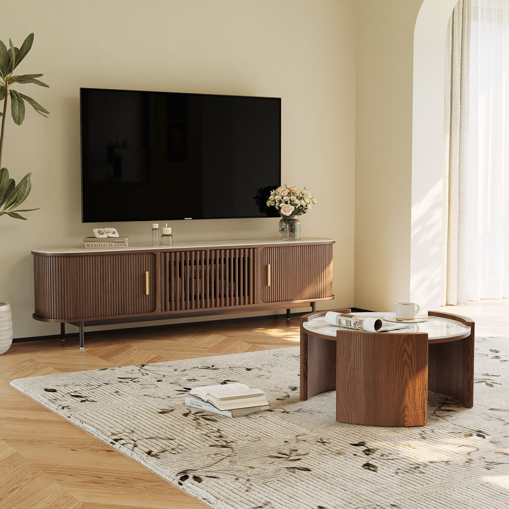 Partly Assemble Walnut Glossy Sintered Stone Coffee Tables