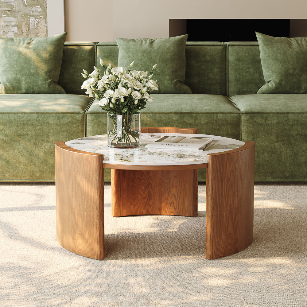 Travertine Walnut Glossy Sintered Stone Coffee Tables