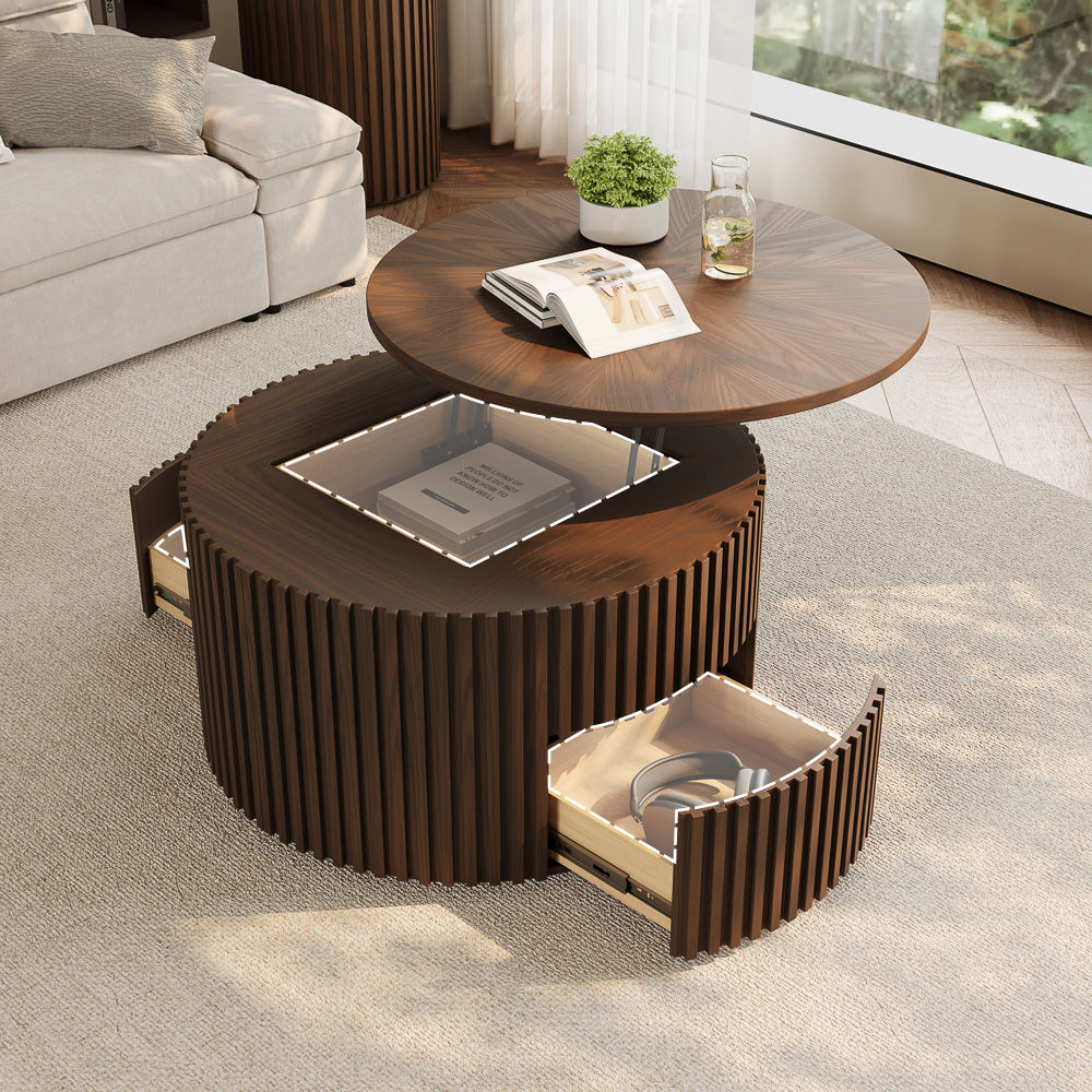 Round Dark Walnut Plywood Coffee Tables