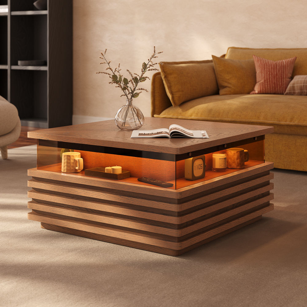 Mid Century Modern Walnut Color Engineered Wood Coffee Tables