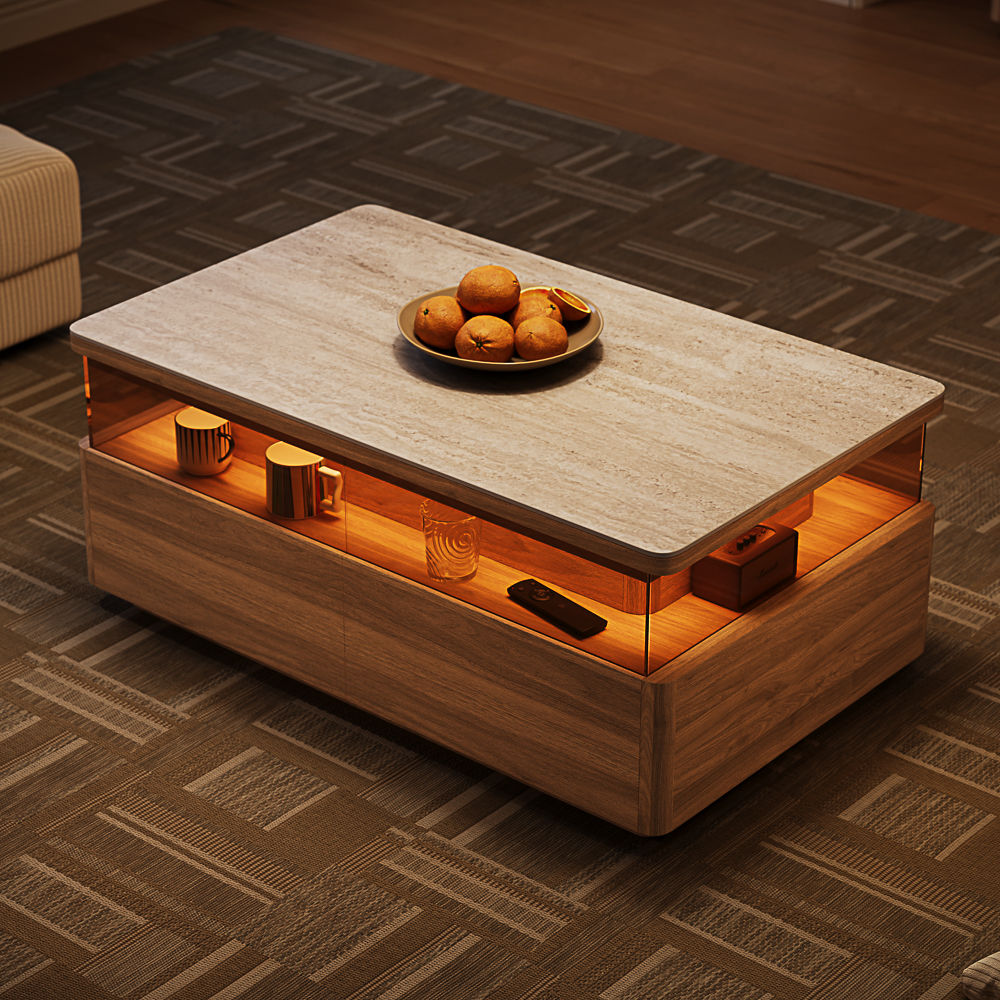 with Storage Walnut Color Sintered Stone Coffee Tables