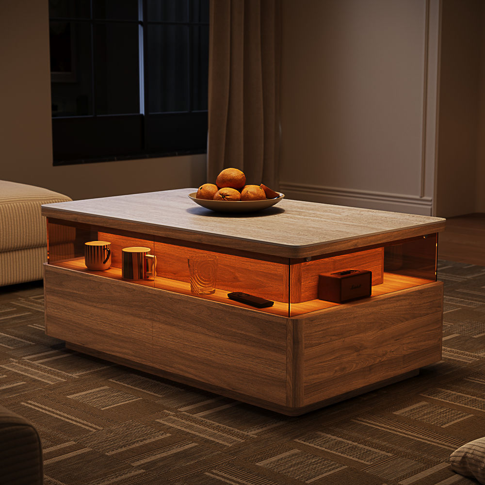 with LED Light Walnut Color Sintered Stone Coffee Tables